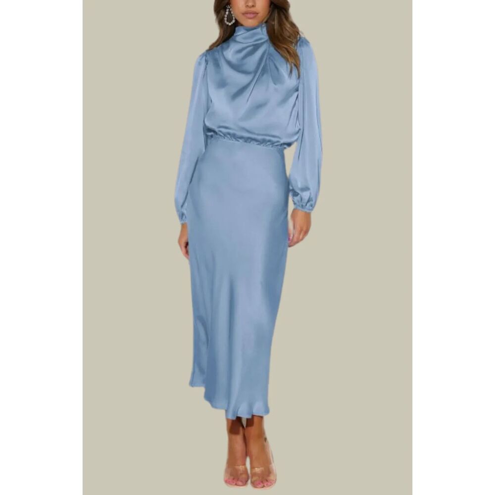 PrettyGarden Satin 2 Piece Mock Neck Crop Top High Waisted Midi Skirt Set Sz M